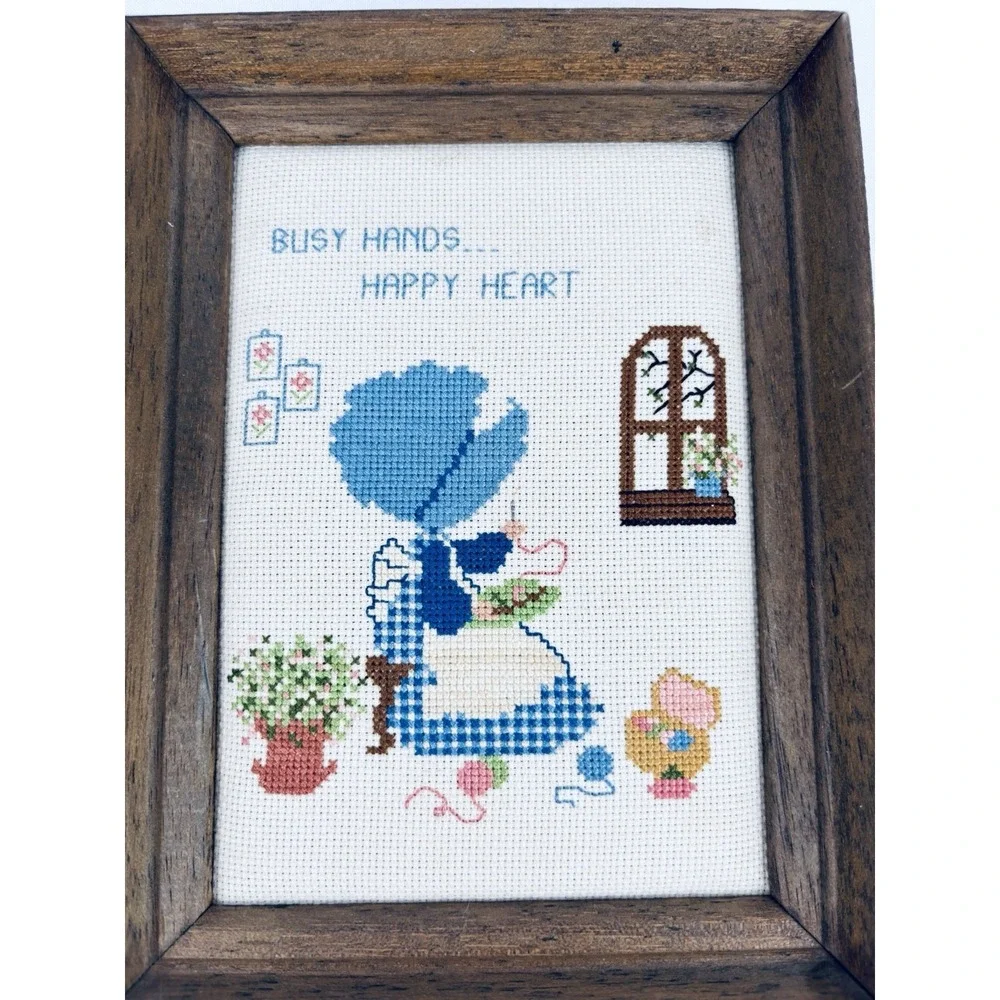 Vintage Picture Framed Cross Stitch Handmade Bonnet Girls Busy Hands Happy Heart